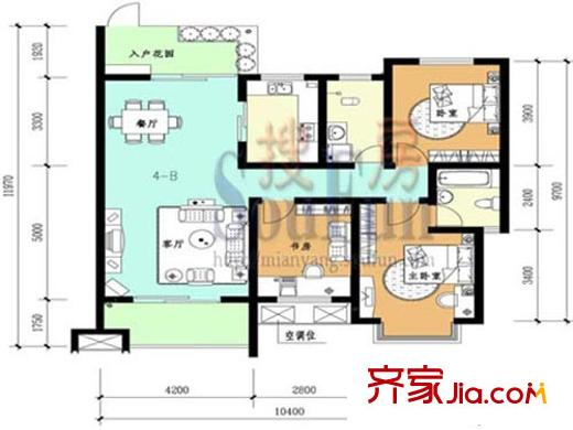 紅格涪岸戶型圖4-B戶型圖 3室2廳2衛(wèi)1廚