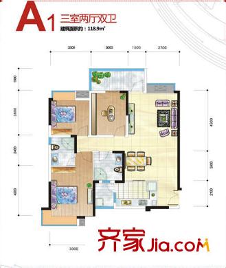 涪城萬(wàn)達(dá)廣場(chǎng)四棟一單元1號(hào) 二單元4號(hào) A1戶型 3室2廳2衛(wèi)1廚
