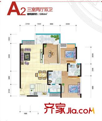 涪城萬(wàn)達(dá)廣場(chǎng)四棟一單元4號(hào) 二單元1號(hào) A2戶型 3室2廳2衛(wèi)1廚