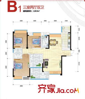 涪城萬(wàn)達(dá)廣場(chǎng)一棟一單元1號(hào) 二單元4號(hào)B1戶型 3室2廳2衛(wèi)1廚