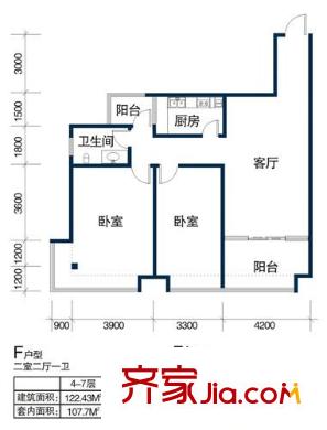 天浩富樂銀座戶型圖F 2室2廳1衛(wèi)