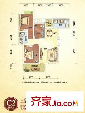 倍特領(lǐng)尚標(biāo)準(zhǔn)層C2戶型 3室2廳1衛(wèi)1廚