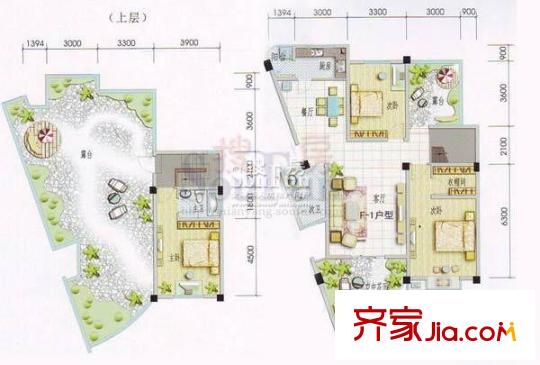 錦繡山城戶型圖F-1戶型 3室2廳2衛(wèi)1廚