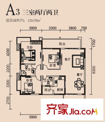 高誠(chéng)尚峰A3戶型 3室2廳2衛(wèi)1廚