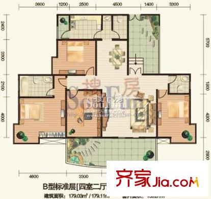 安江名園戶型圖B戶型 4室2廳2衛(wèi)1廚