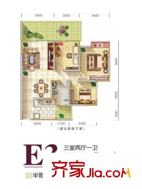 嶺南神韻E3戶型 3室2廳1衛(wèi)1廚