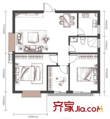 萬豪尊品戶型圖E-1 3室2廳1衛(wèi)