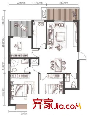 萬豪尊品戶型圖D-3 3室2廳1衛(wèi)