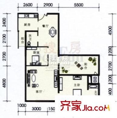 福星都市時(shí)尚戶型圖B戶型 2室2廳2衛(wèi)1廚