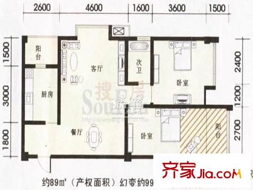 福星都市時(shí)尚戶型圖D戶型 2室2廳1衛(wèi)1廚