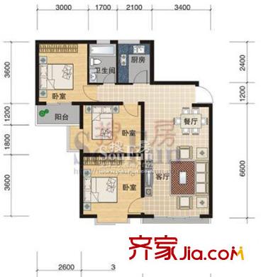 陽光曼哈頓戶型圖G2戶型 3室2廳1衛(wèi)1廚