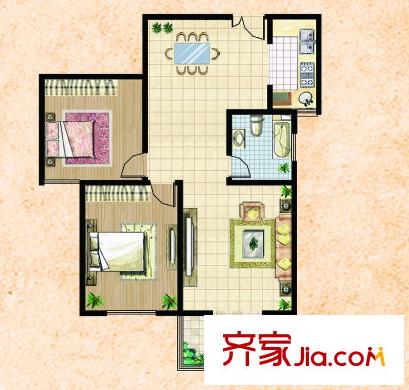 楚河花園中間戶戶型一 2室2廳1衛(wèi)1廚