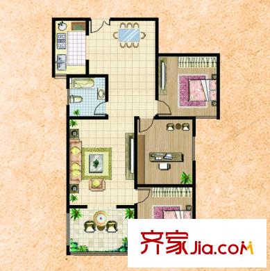 楚河花園中間戶戶型三 3室2廳1衛(wèi)1廚
