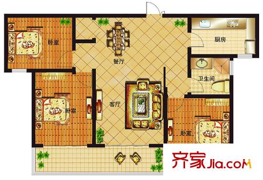 藍(lán)柏灣高層B1B3號(hào)樓中間戶C戶型 3室2廳1衛(wèi)1廚