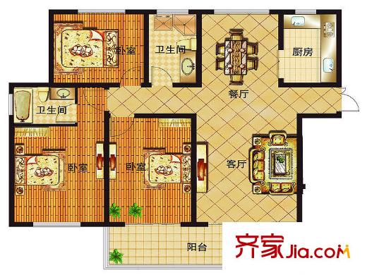 藍(lán)柏灣高層B1B3號(hào)樓西戶B戶型 3室2廳2衛(wèi)1廚