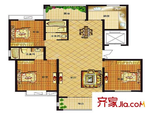 藍(lán)柏灣小高層B7B8號(hào)樓東戶G戶型 3室2廳2衛(wèi)1廚