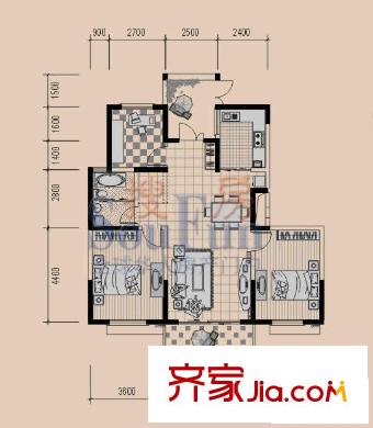 穎都上花園戶型圖D戶型 3室2廳1衛(wèi)1廚