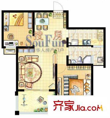 河畔花城戶型圖B戶型 2室2廳1衛(wèi)1廚