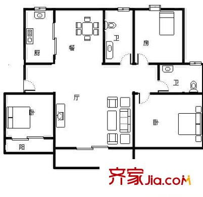 濱河花園 3室 戶型圖