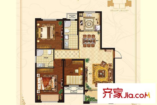 榮盛?花語城3#5#東西邊戶A戶型 3室2廳2衛(wèi)1廚