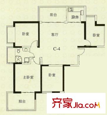 華辰麗景戶型圖C4戶型 3室2廳1衛(wèi)1廚