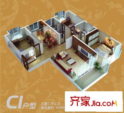 福源國際戶型圖C1戶型 3室2廳2衛(wèi)1廚