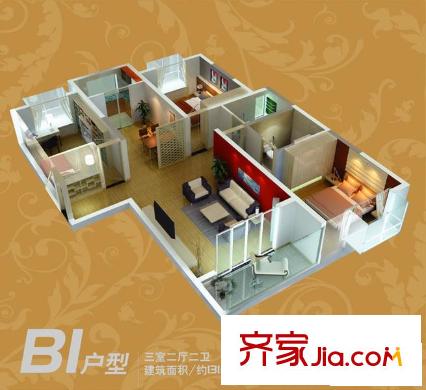 福源國際戶型圖B1戶型 3室2廳2衛(wèi)1廚
