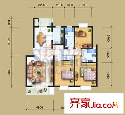 永嘉太陽(yáng)城戶型圖B戶型 3室2廳2衛(wèi)1廚