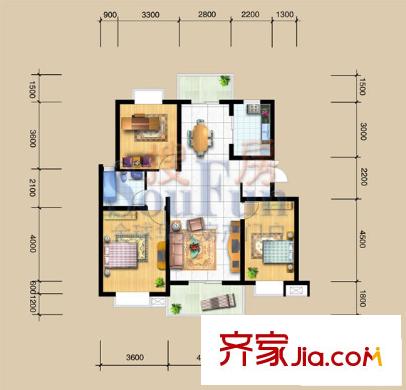 永嘉太陽(yáng)城戶型圖F戶型 3室2廳1衛(wèi)1廚
