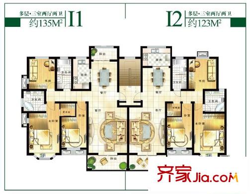 華商清水灣戶型圖I1/I2戶型 3室2廳2衛(wèi)