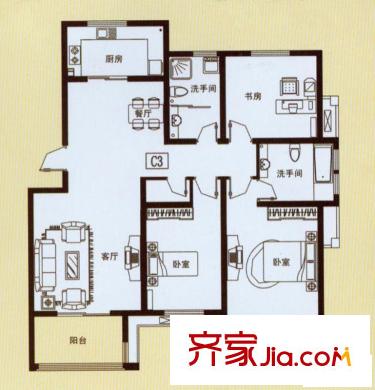 錦繡濱湖戶(hù)型圖C3戶(hù)型 3室2廳2衛(wèi)1廚
