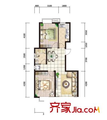中國(guó)鐵建未來(lái)城戶型圖F戶型 2室2廳1衛(wèi)
