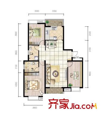 中國(guó)鐵建未來(lái)城戶型圖H戶型 3室2廳2衛(wèi)
