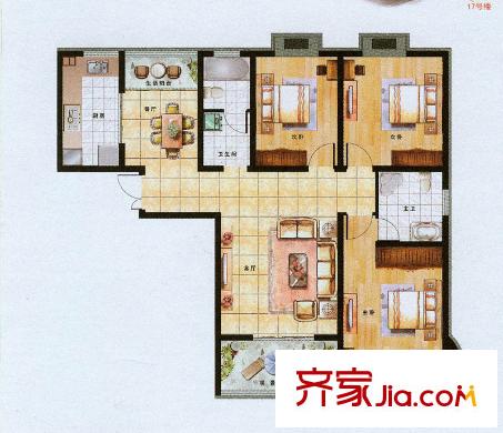 君廷湖畔17號(hào)樓A1戶型 3室2廳2衛(wèi)1廚