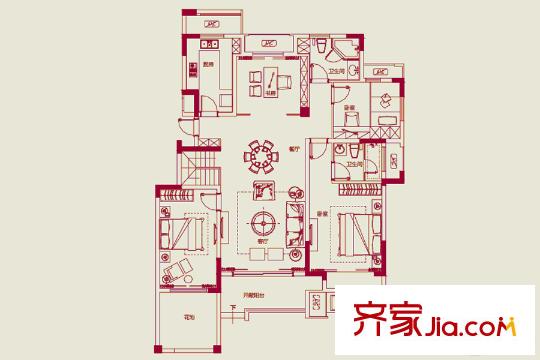 玉潭花溪洋房一層E1戶型 3室2廳2衛(wèi)1廚