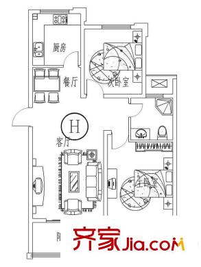 西城晶華1#、4#中間戶 H戶型 2室2廳1衛(wèi)1廚
