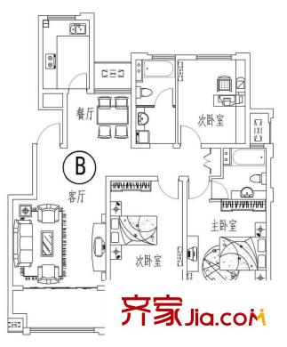 西城晶華2-4#、8# 邊戶 B戶型 3室2廳2衛(wèi)1廚