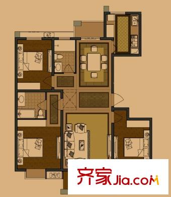 金域華庭B’戶型（2#、7#兩邊戶） 3室2廳2衛(wèi)1廚