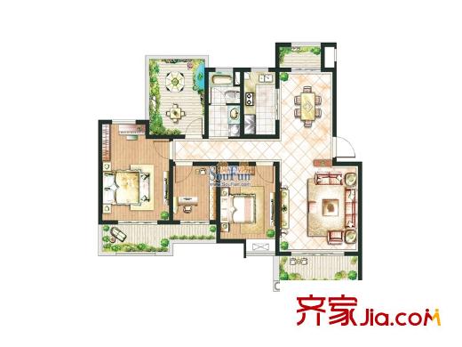 合和百富城1戶戶型 3室2廳1衛(wèi)1廚