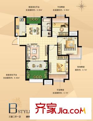 國基逸境三期C5#樓邊戶B戶型 3室2廳1衛(wèi)1廚