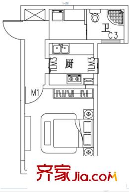 匯龍國際花園6#43.59平方米戶型圖 1室1衛(wèi)1廚