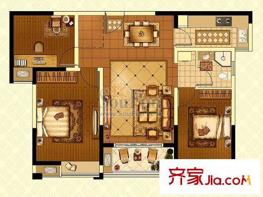 風格雅園1-4#中間戶A2戶型 3室2廳1衛(wèi)1廚
