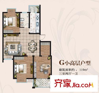 御林華府11#小高層?xùn)|戶G戶型 3室2廳1衛(wèi)1廚
