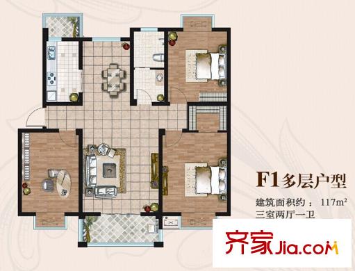 御林華府2#5#6#8#多層?xùn)|西邊戶F1戶型 3室2廳1衛(wèi)1廚