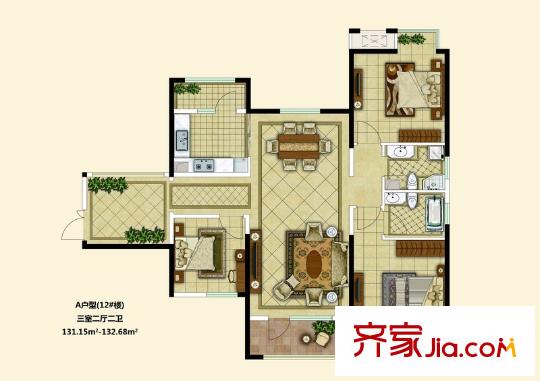楓林天下二期12#樓東戶A戶型 3室2廳2衛(wèi)1廚