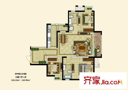 楓林天下二期13#樓邊戶D戶型 3室2廳2衛(wèi)1廚