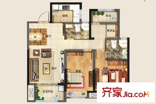 海爾?滟瀾公館5#6#7#8#9#中戶B戶型 3室2廳2衛(wèi)1廚