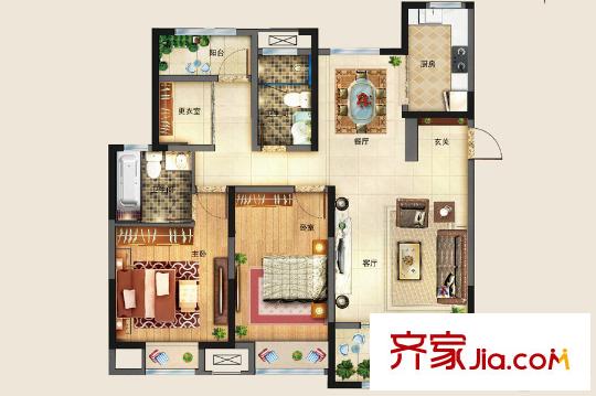 海爾?滟瀾公館5#6#樓邊戶A戶型 3室2廳2衛(wèi)1廚