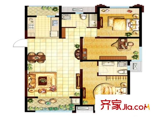 美的時代城2#、3# 邊戶 戶型6 3室2廳2衛(wèi)1廚
