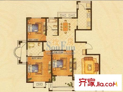 華府天地6#標(biāo)準(zhǔn)層西戶D戶型 3室2廳2衛(wèi)1廚